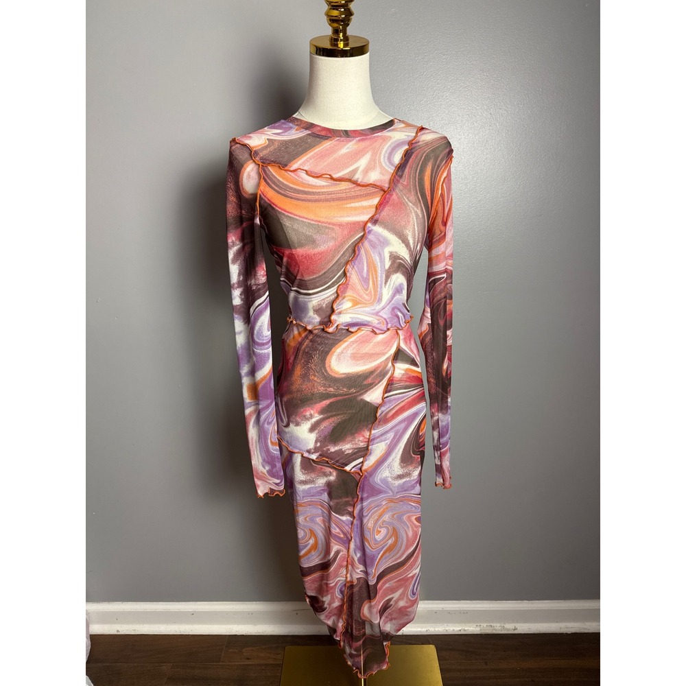 Love Fire 2 Piece Mesh Marble Print Set XS Long Sleeve Crop Top Midi Skirt Y2K